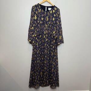 Sezane Robe Dress Blue Gold Stars Silk Blend Maxi Floral | Size 40 | US 8
